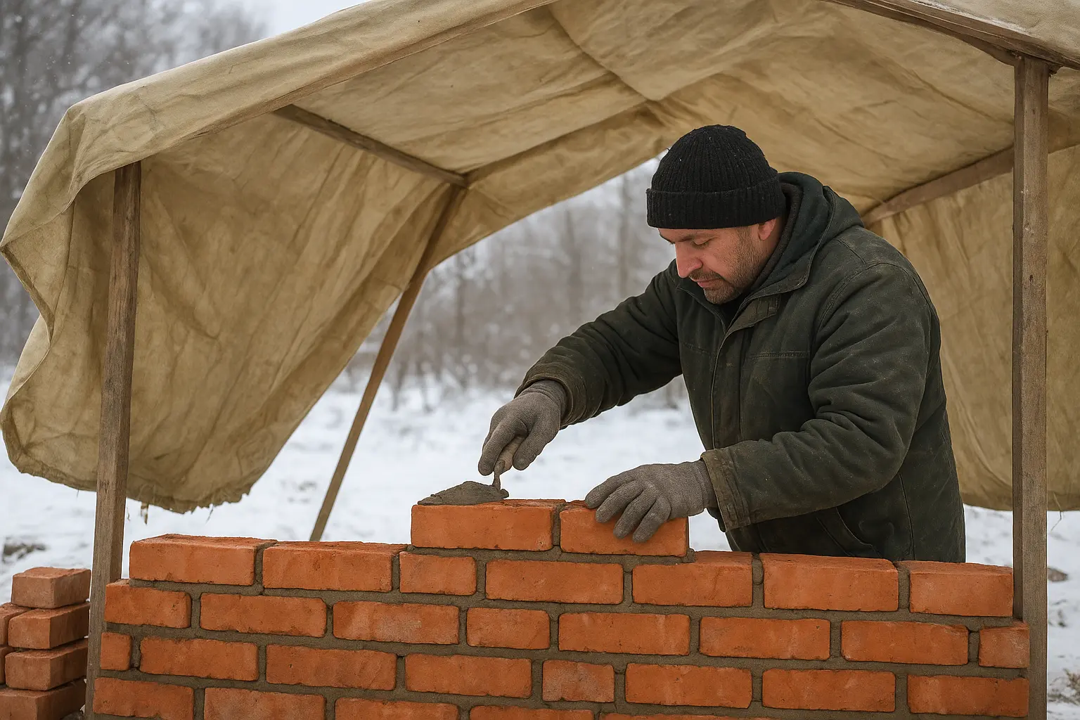 Создание тепляка из брезента при кладке кирпича зимой